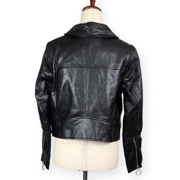 Soncy Moto Faux Leather Jacket Zip Accents Collared Black Women's Size 10 New - Picture 4 of 13